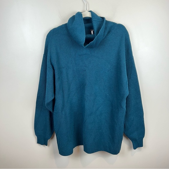 New Free People Softly Structured Tunic Sweater Peacock Jewel Blue Cowl Neck M - Picture 2 of 8